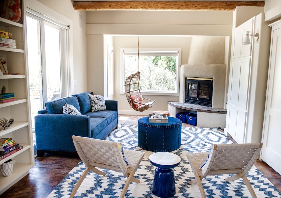 The casita boasts lots of natural light and comfortable seating. Fireplace currently not available for guest use.
