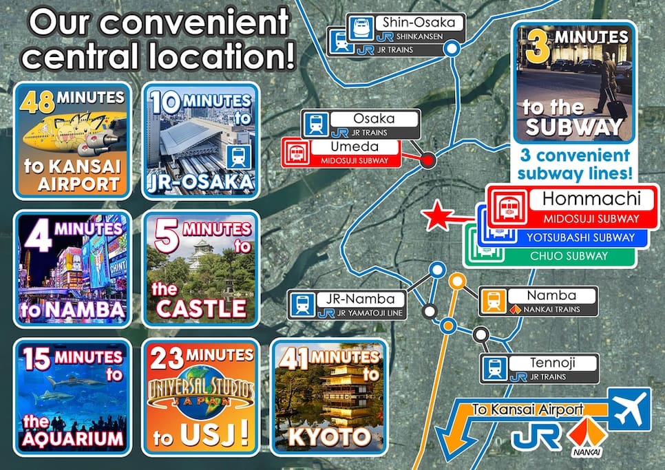 Enjoy staying in the center of Osaka, with 3 Metro lines to take you wherever you need to go.