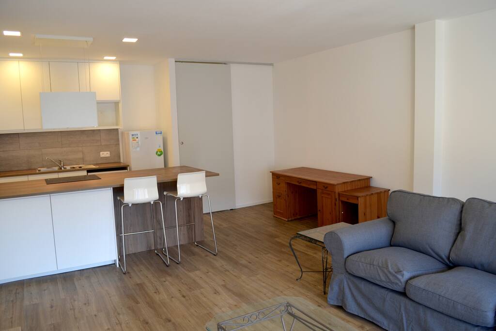 Living area and open kitchen