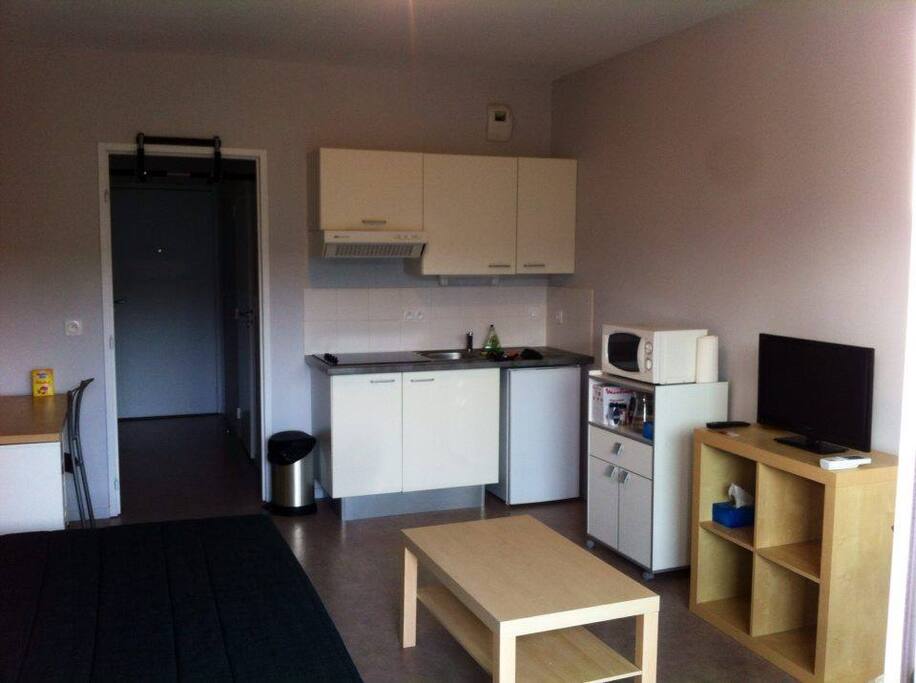 Salon/cuisine/chambre équipée d'une télévision, produits de cuisine, bureau pour travailler, table basse,micro-ondes, canapé-lit. Donne sur balcon