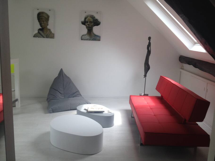 Coin salon avec canapé convertible
Living room with fold-out sofa