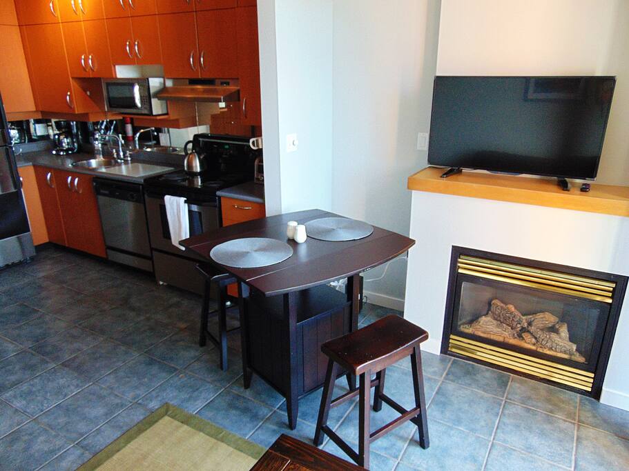 Table for eating or working - and a gas fire place!