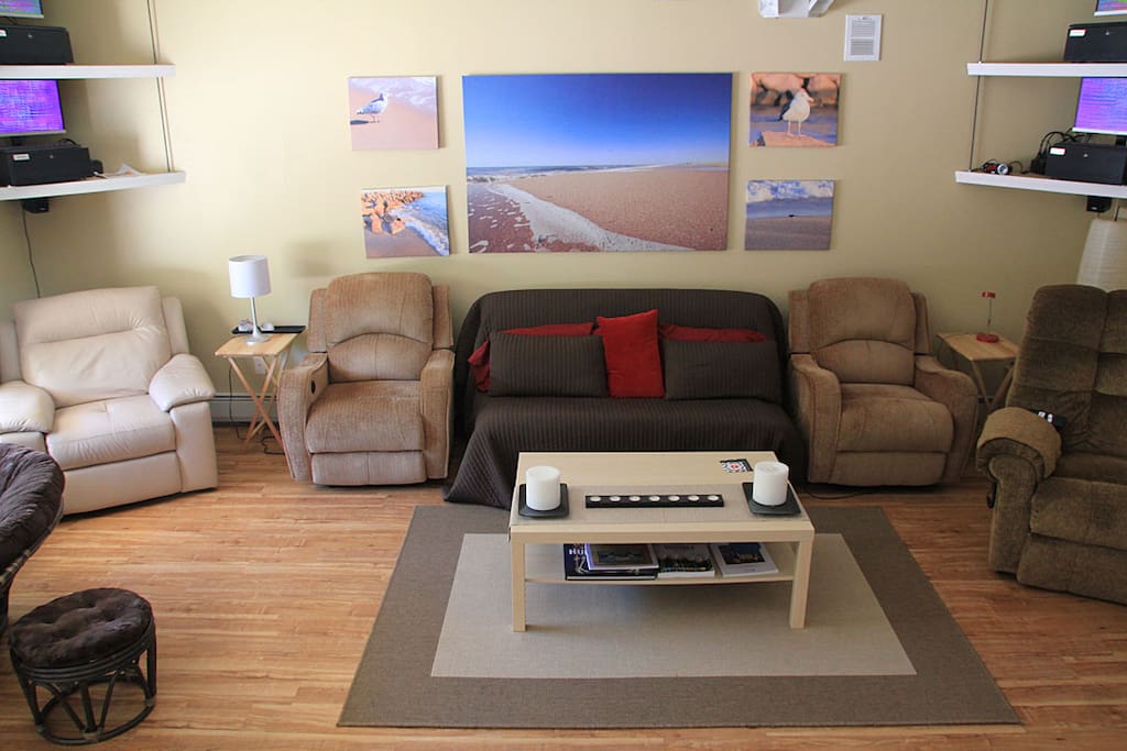 Main Room with view of fold out Queen bed.