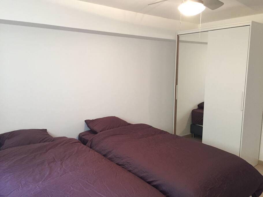 Main bedroom with new high quality beds, full closet, full length mirror, shelves, and aircon