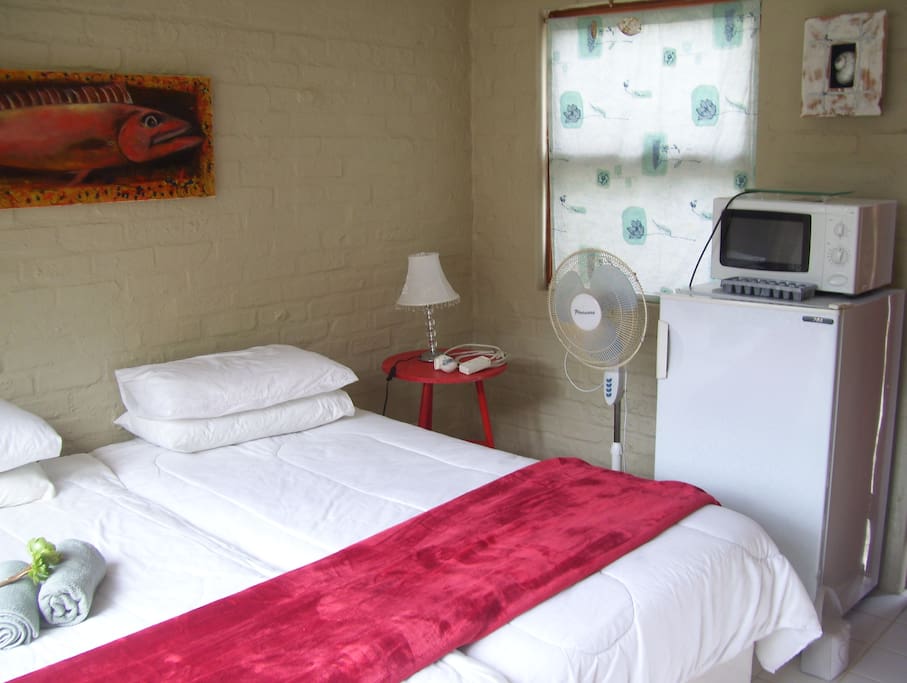 The room is fitted with a fridge, microwave and kettle.