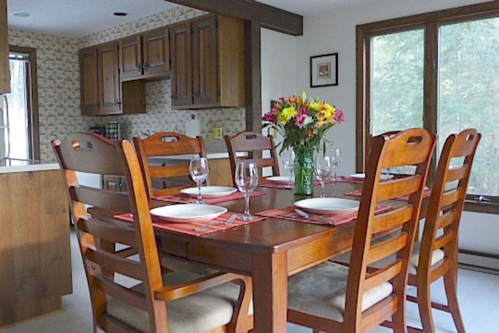 Large dining table seats six.