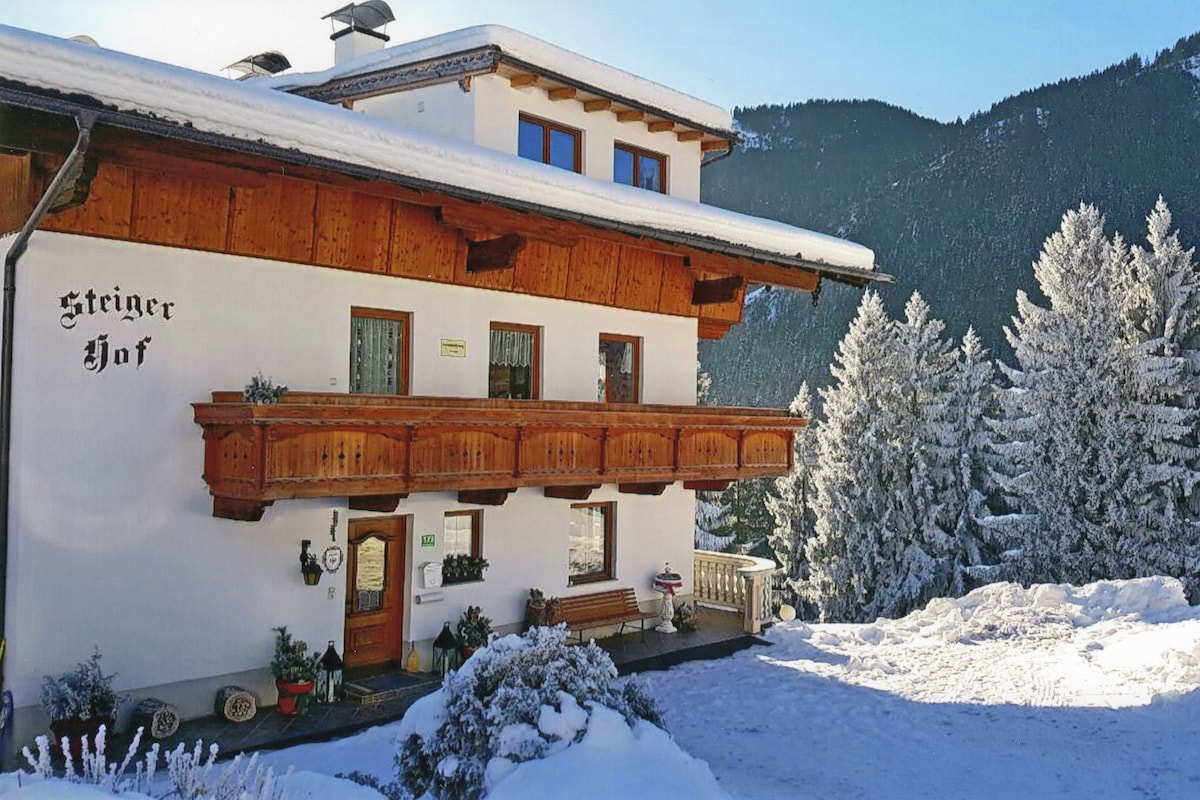 The exterior of a charming alpine building is displayed, featuring wooden balconies and decorative details. Snow covers the ground and rooftops, while evergreen trees blanket the surrounding area. The mountainous backdrop provides a serene, wintery atmosphere.
