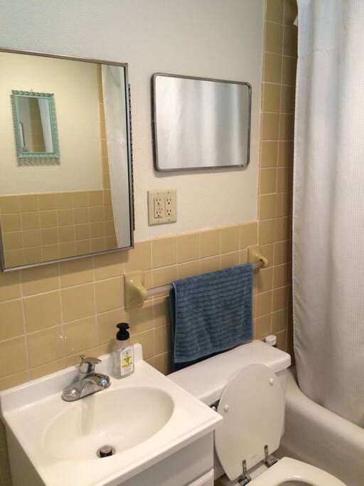 Lots of light in this shared bathroom. Note the vintage tile everywhere!