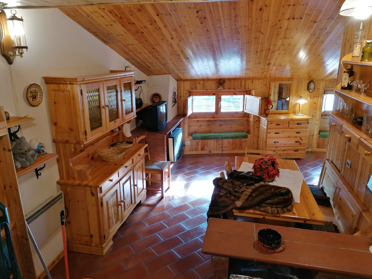 An open living area features warm wooden walls and ceiling, with a mix of furniture including a sideboard, a table, and built-in seating. Light enters through multiple small windows, creating a cozy ambiance. Decorative elements are placed thoughtfully throughout the space.