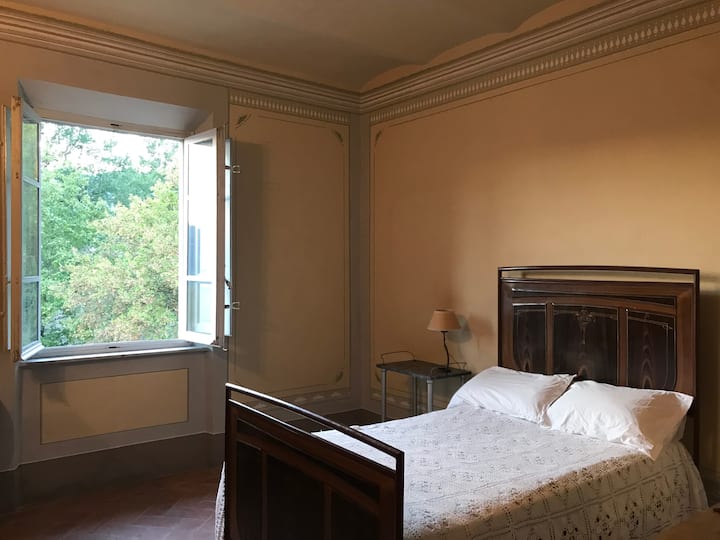 ყვითელი საძინებელი. ზემოთ ტყუპი ოთახი. Იმავე სართულზე, როგორც ვარდისფერი ოთახი.