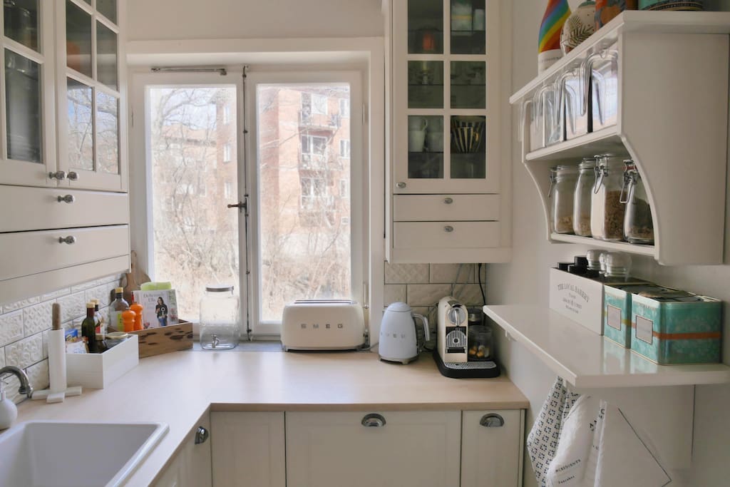 Cute kitchen, complete with espresso machine and dishwasher, offers all you need during your stay.