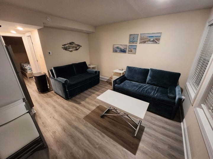 End tables with usb ports and outlets.Furniture transforms into 2 queen sofa beds and coffee table becomes dining table.  Small footprint but provides everything a family needs.  