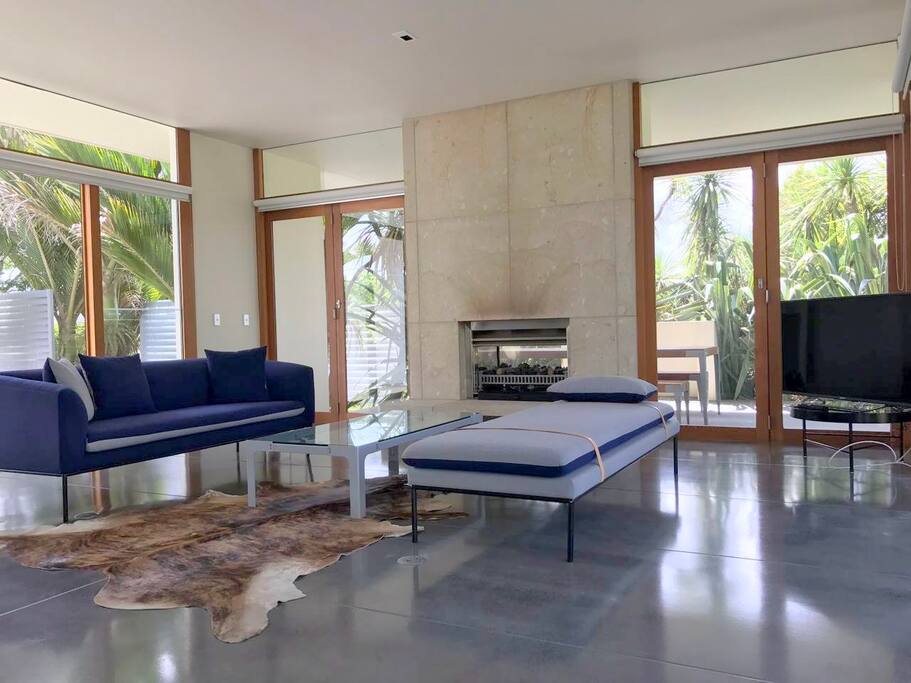 Living room with gas fireplace.