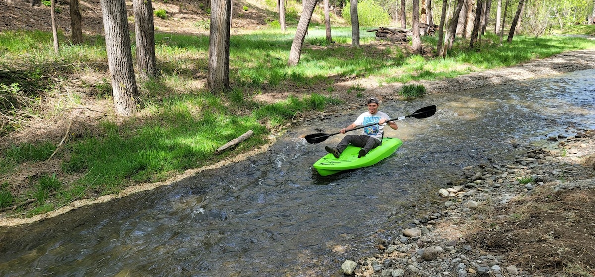 A person is paddling in a bright green kayak along a gently flowing river. Surrounded by tall trees and lush green grass, the tranquil environment highlights the natural beauty of the setting.