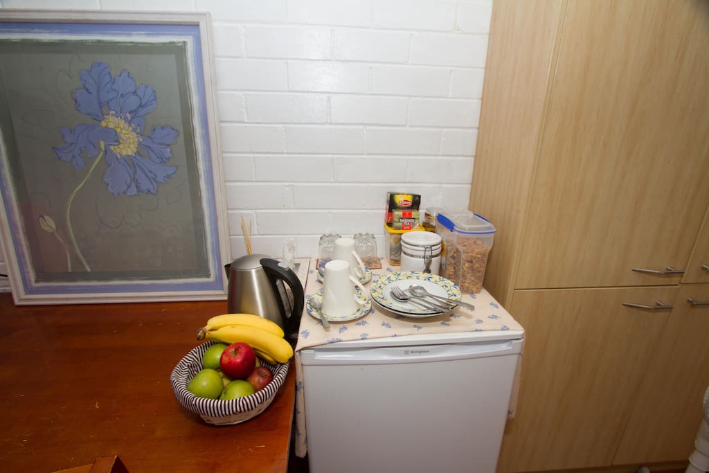 fruit, tea, coffee, kettle and cereal