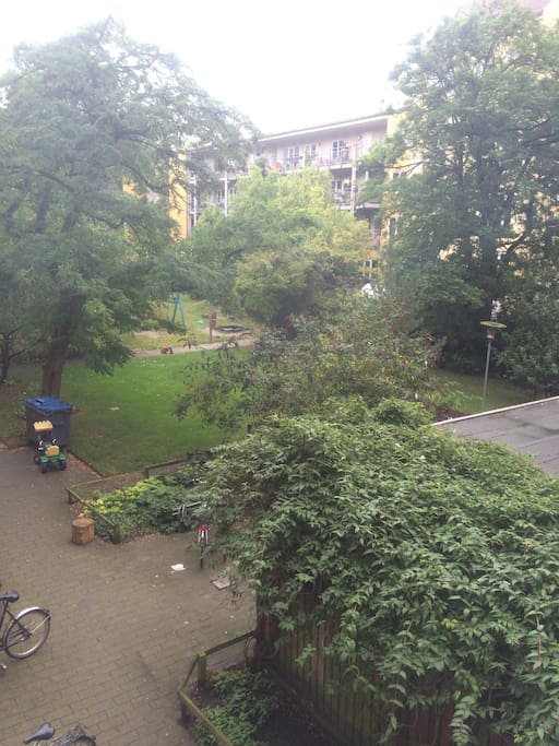 The yard, with a playing ground, barbecues, benches etc.