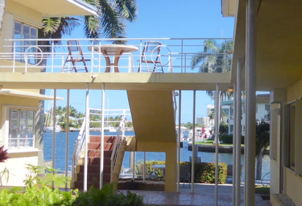 The view from the apartment toward the deck and waterfront.