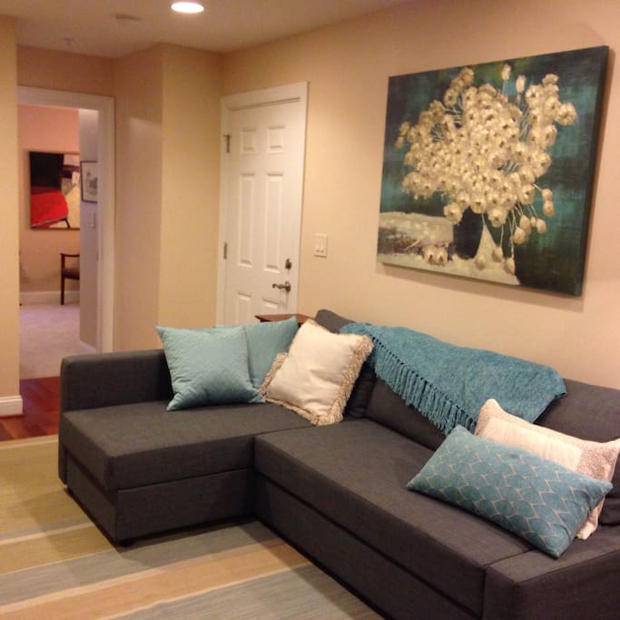 The living room is serene and calm. It's easy to relax here. The front entrance is just there so one short fees steps and you're in your private one bedroom/bathroom suite.
