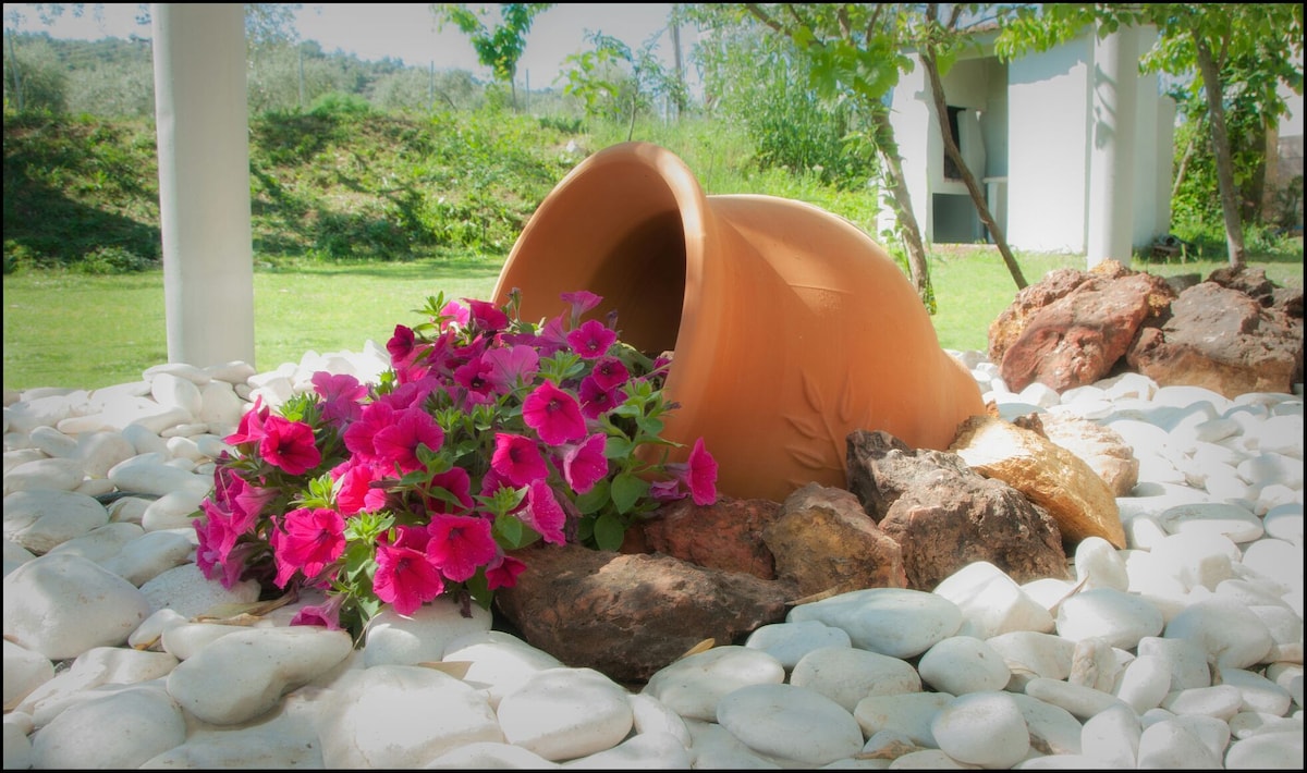 An earthy clay pot tips over among smooth white stones, surrounded by colorful pink flowers. Green grass and a backdrop of trees create a serene outdoor space, with light highlighting the natural elements.
