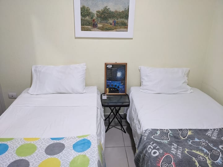 Chambre 2 : paire de lits simples qui peuvent former un lit king-size si nécessaire
