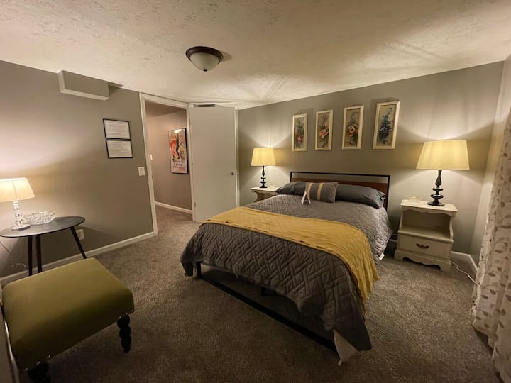 Basement bedroom with a full / double pillow top mattress.