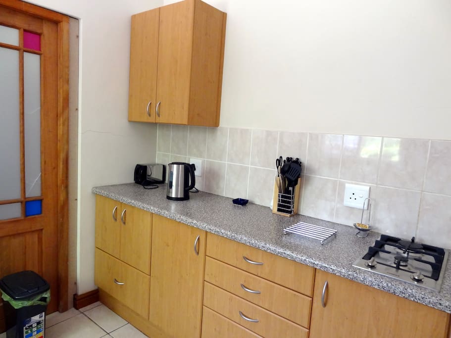 Self Catering kitchen includes gas hob, tea and coffee making facility.
