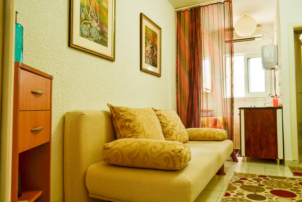 Main room with a kitchen and TV set, and a convertible sofa bed.