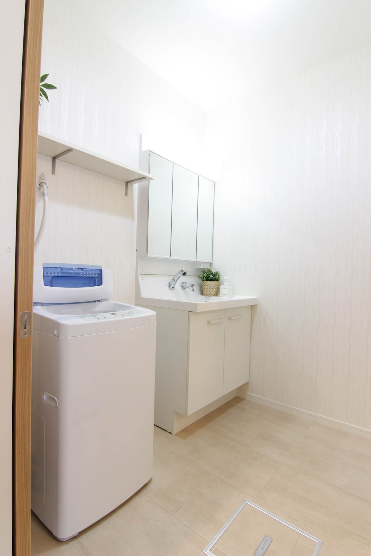 A clean laundry area is viewed, featuring a white washing machine and a sleek countertop with a sink. Above the sink, a mirror is mounted on the wall, accompanied by a small plant for a touch of nature, enhancing the functional space.