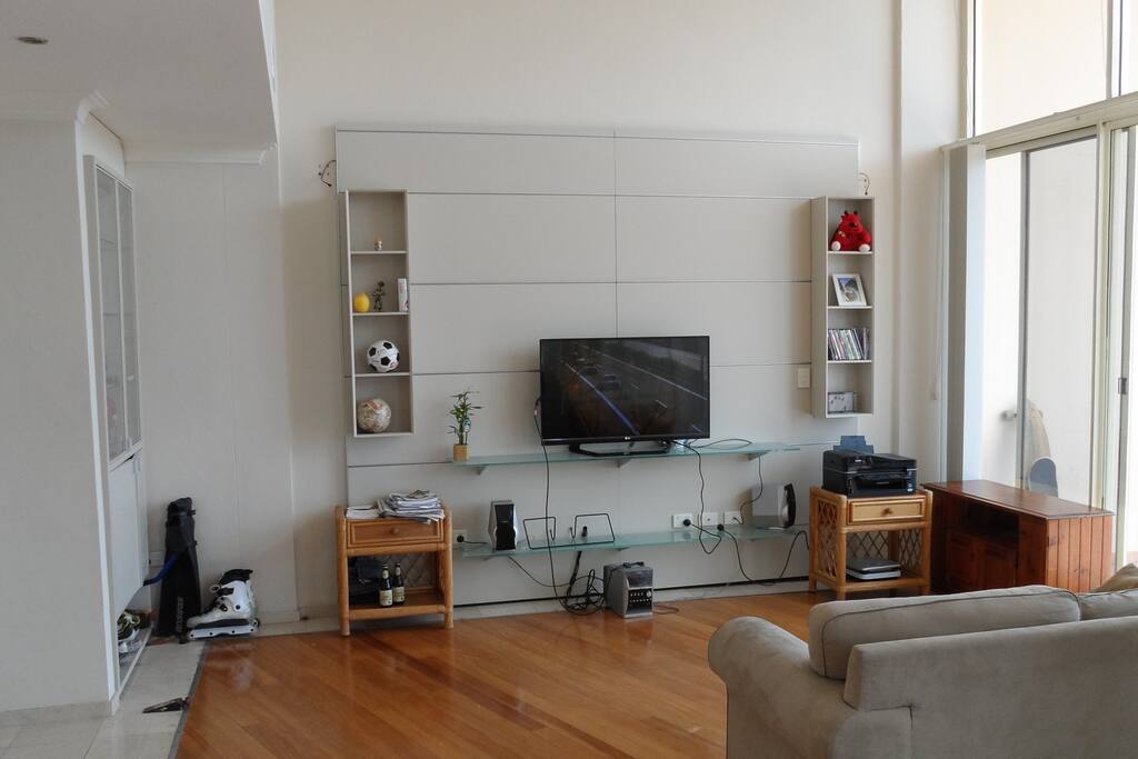 Spacious living room with TV and sofa