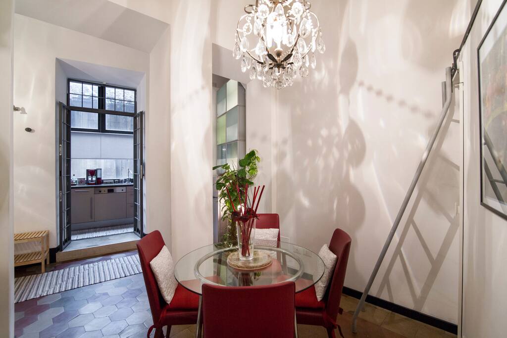 The dining area and the kitchen