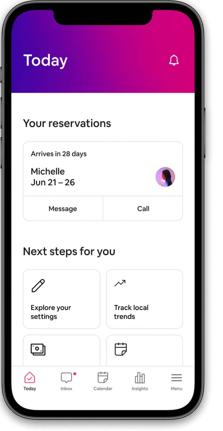 Upcoming reservations and listing management tools in the Airbnb app.