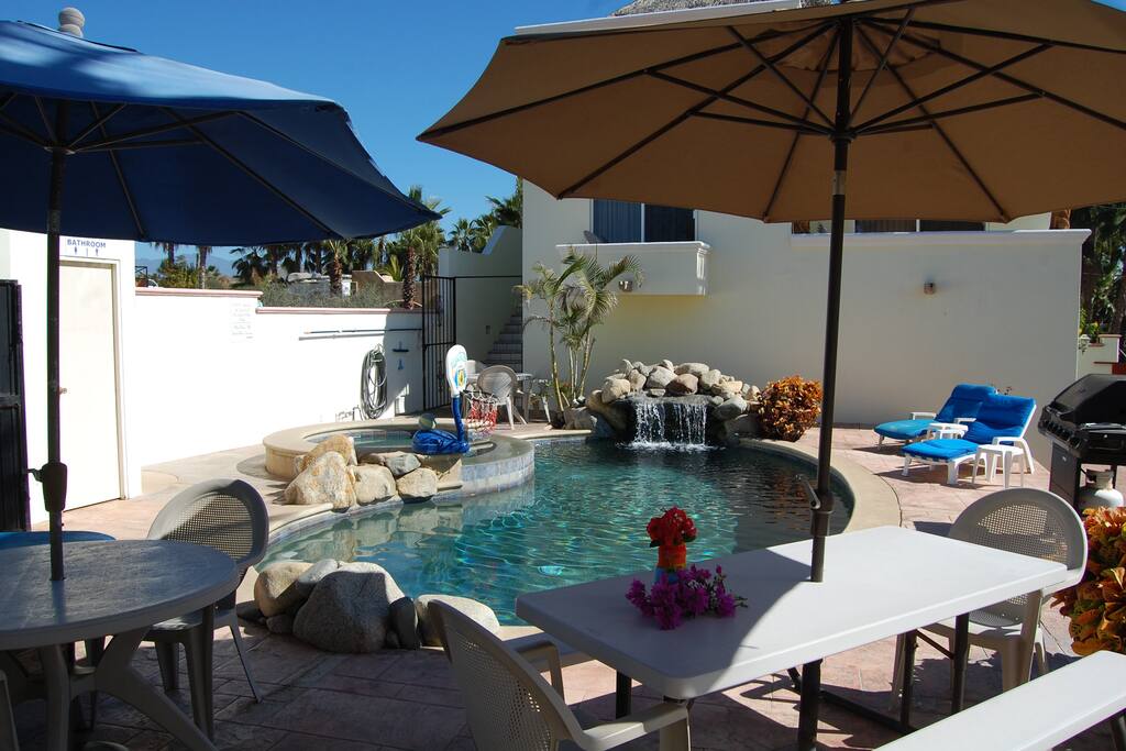 There is a heated swimming pool, Jacuzzi, and waterfall!