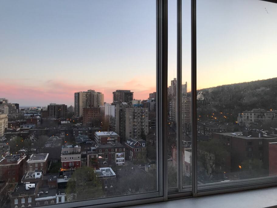 Amazing view from bedroom of sunset and the famous Mont Royal
