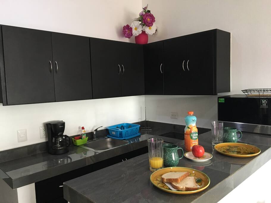 Cocina equipada con sartenes, platos, vasos y cubiertos. Cuenta con refrigerador, estufa de inducción, microondas, cafetera, tostadora y licuadora.