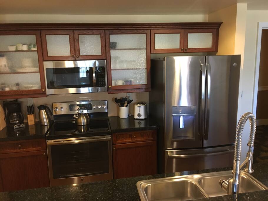 Top end GE stainless steel appliances.