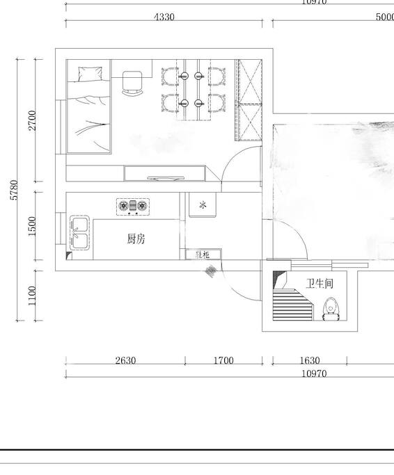 单人卧室平面图与合用的厨房,及过渡厅里的冰箱,卫生间在隔壁房间(合用)