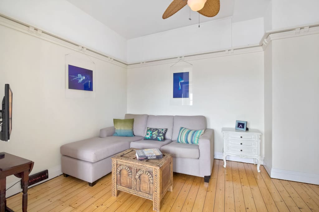 Living room, has Apple TV (Netflix login included!), TV, double sofa bed