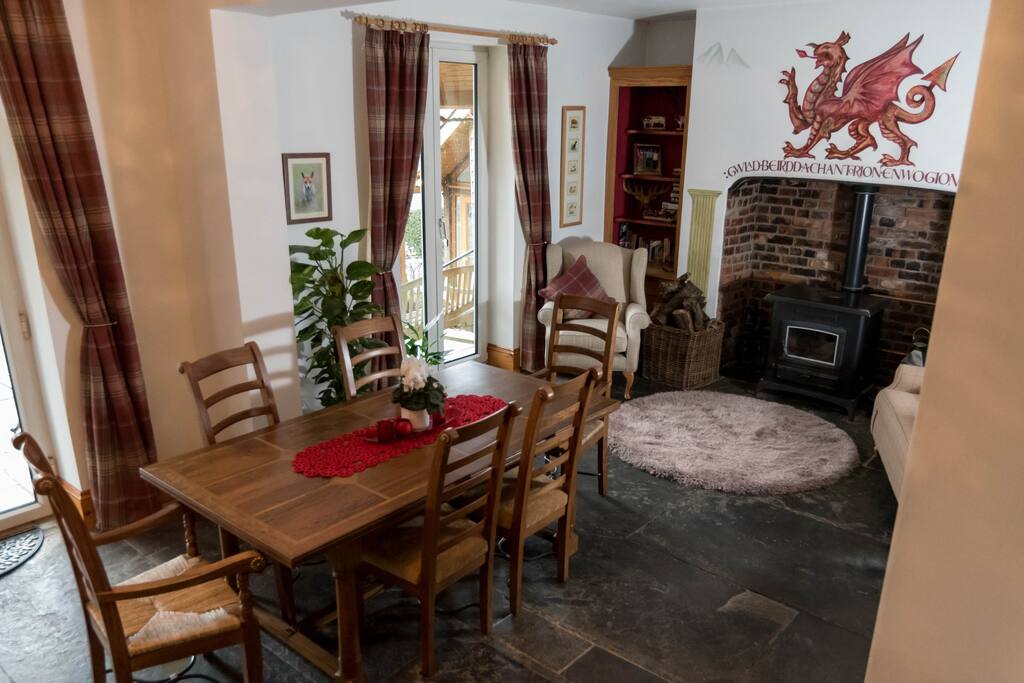 Wood burning stove in great hall