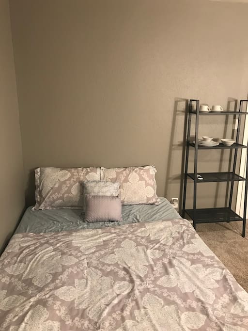 Queen Bed & Bookshelf