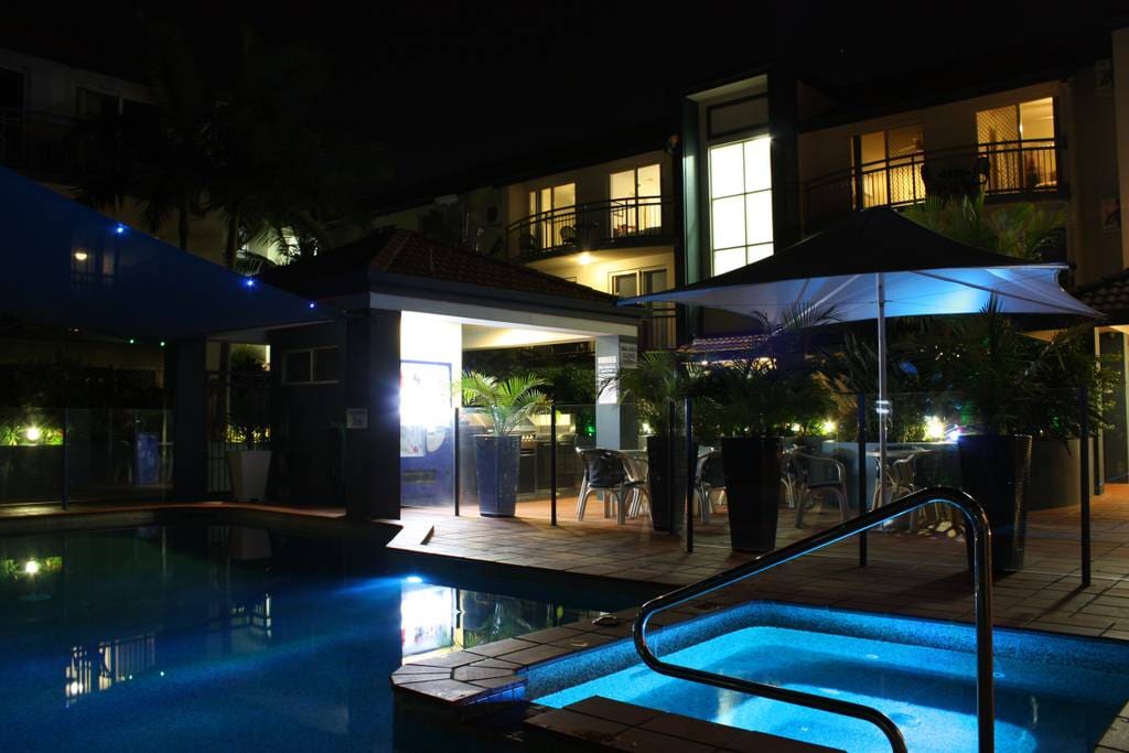 Pool and BBQ at night