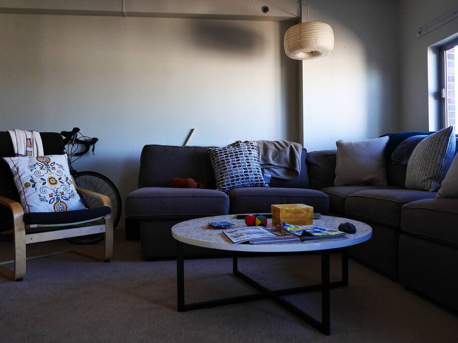 Spacious living room with to die for couches