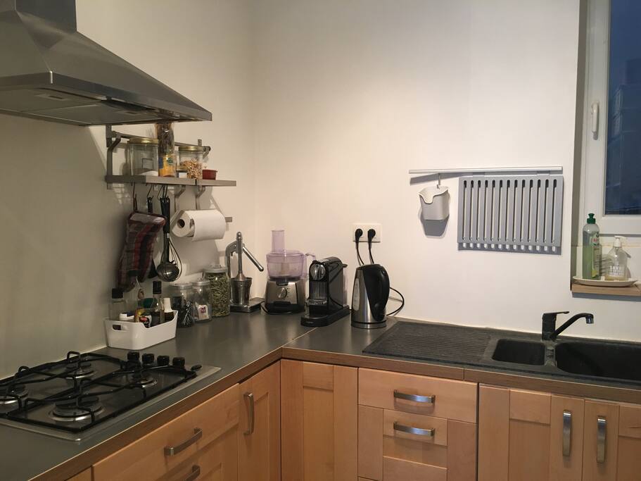cuisine équipée: grand frigo, lave-linge, lave-vaisselle, cafetière Nespresso, bouilloire, grille-pain,...