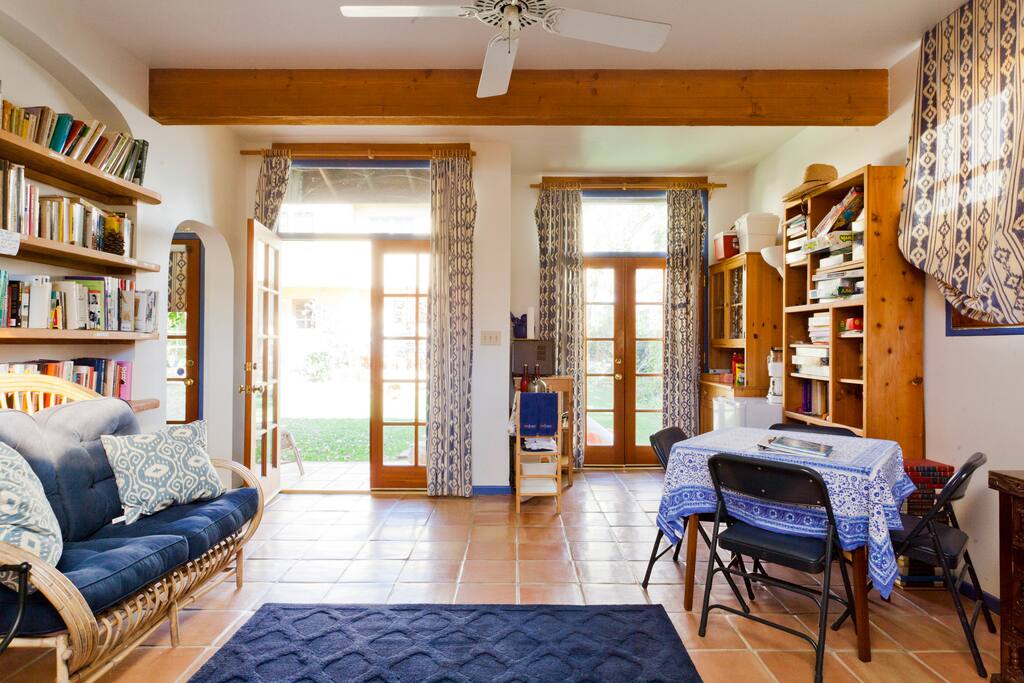 View from inside the guest house looking out towards the backyard and the main house.