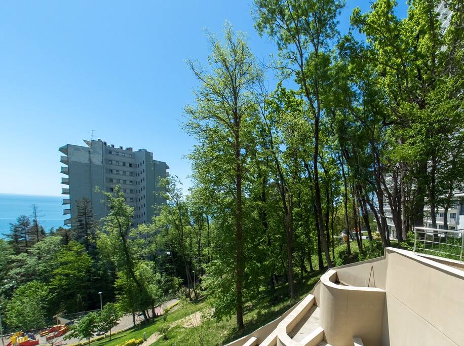 вид из окна на море и на парк