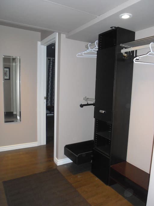 Open closet with mirror in a hallway
