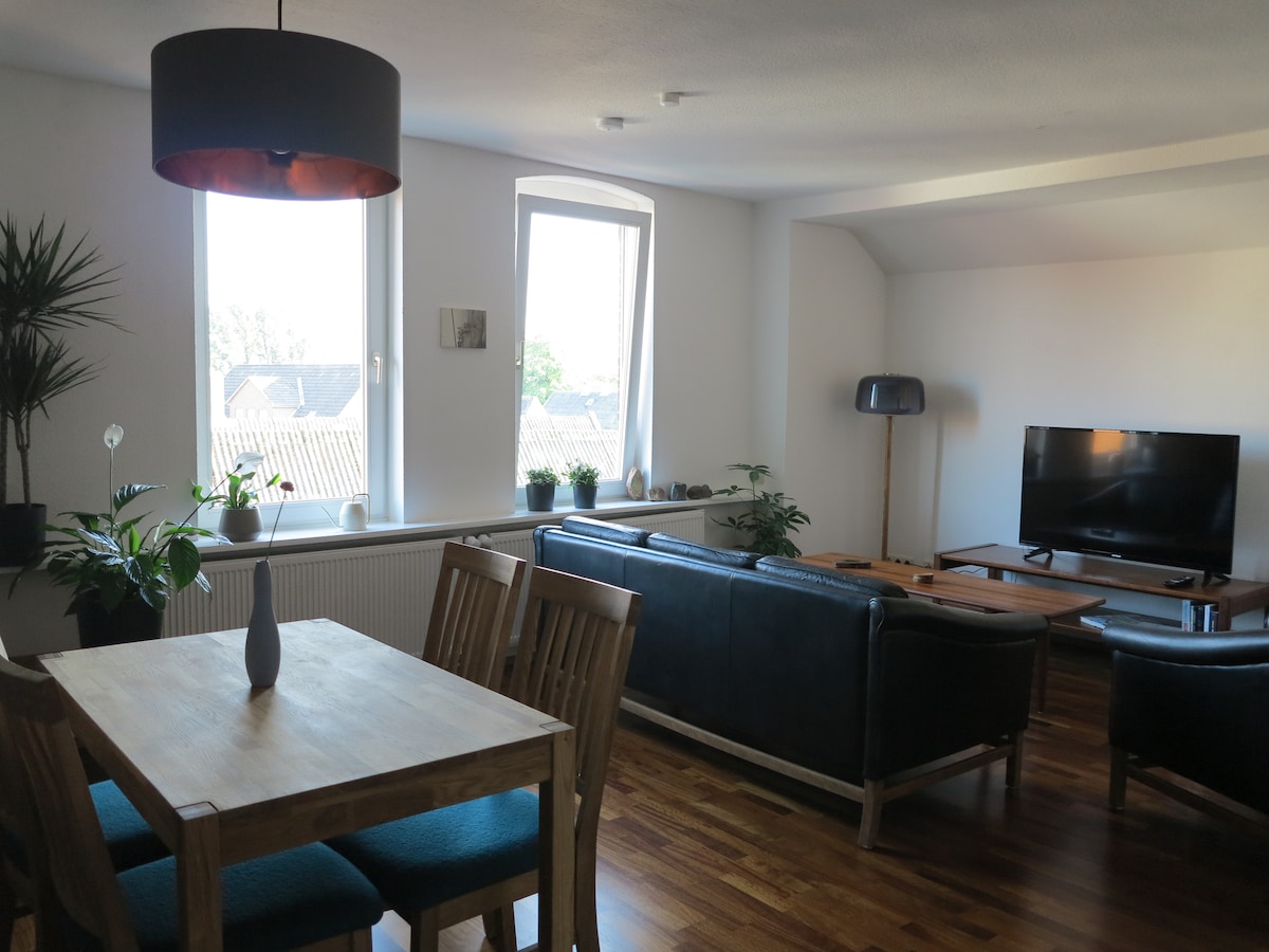 A light-filled living space features large windows with gentle natural light illuminating the hardwood floor. A dining table with wooden chairs is positioned near the windows, while a comfortable seating area is arranged around a television, complemented by indoor plants throughout the room.