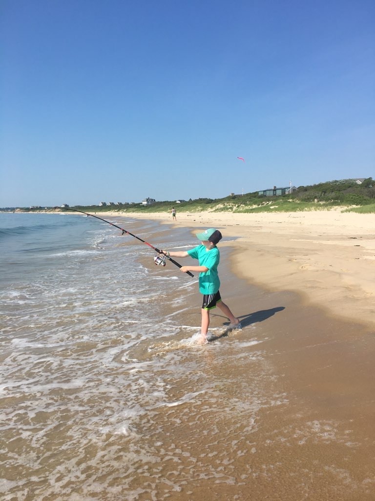 A child stands in shallow water on a sandy beach, holding a fishing rod. Gentle waves lap at the shore, and a clear blue sky extends overhead. Additional figures can be seen further along the beach, surrounded by dunes of green vegetation.