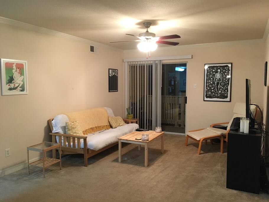 Living room has Tv with Apple TV. Patio with two chairs.