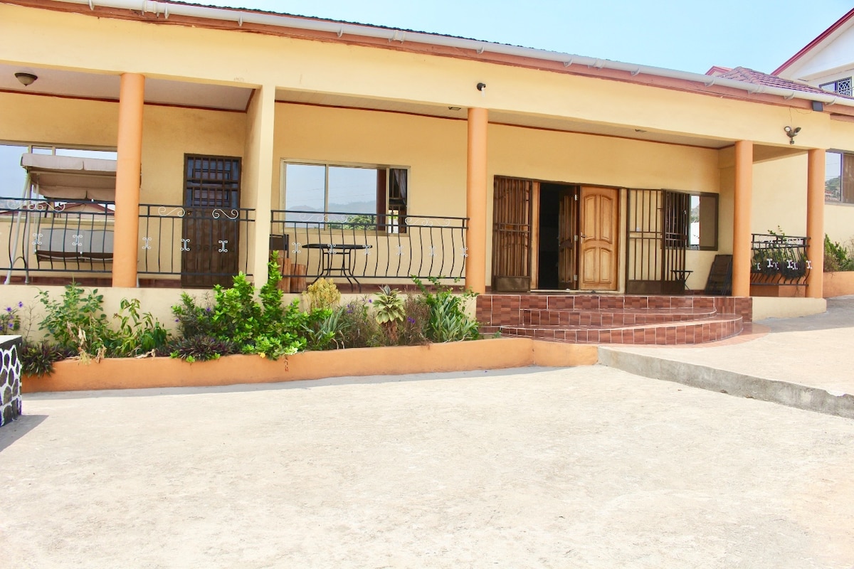 The exterior of the house is characterized by a spacious porch with multiple entryways. A mix of potted plants and garden areas adds greenery. Large windows and doors provide natural light, while a stone pathway leads to the entrance, enhancing accessibility.