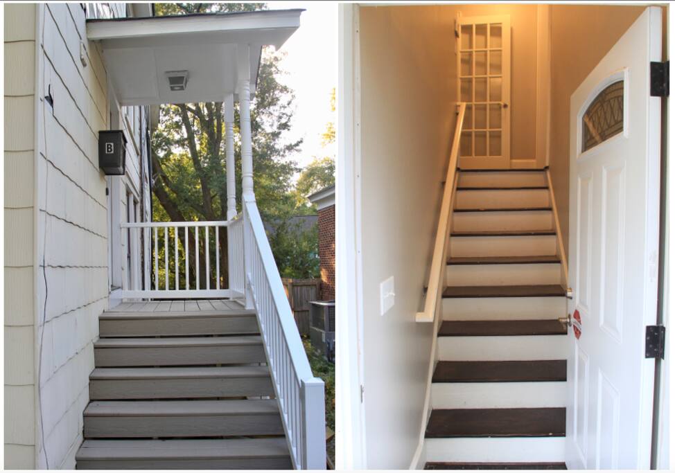 Private entry and stairs leading up to the landing of the apartment